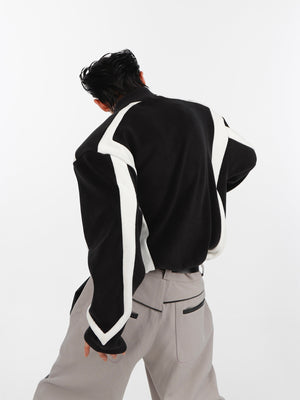 Back view of contemporary streetwear hoodie featuring stand collar and contrast color blocking design