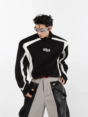 Front view of unisex black and white contrast hoodie with stand collar and avant-garde embroidery streetwear design