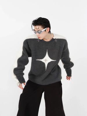 Black and white mohair sweater with metal zip closure, showcasing avant-garde streetwear design