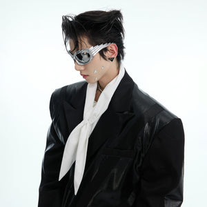 Stylish outfit combination featuring the patchwork hoodie layered under the oversized blazer