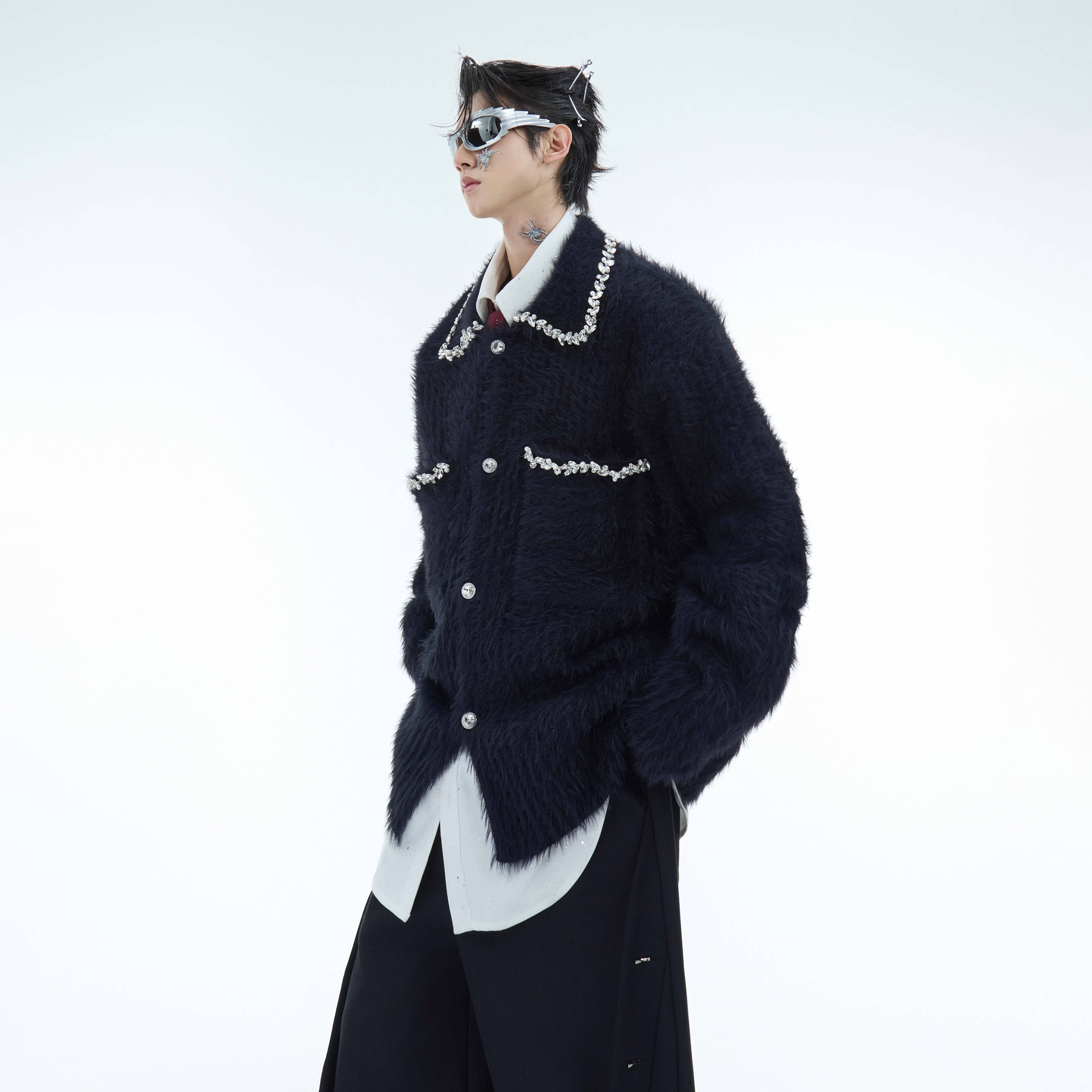 Luxurious Chanel-inspired cardigan showing patchwork faux fur back design with mohair wool blend