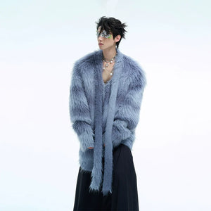 Oversized chunky knit sweater with fuzzy gradient ribbon design, perfect for streetwear fashion