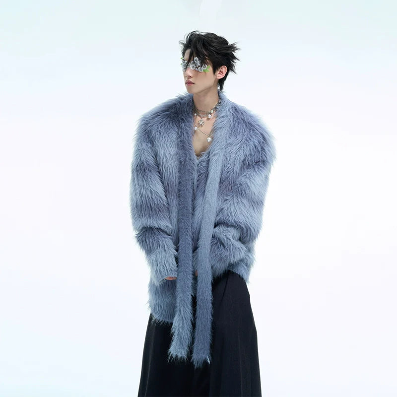 Oversized chunky knit sweater with fuzzy gradient ribbon design, perfect for streetwear fashion