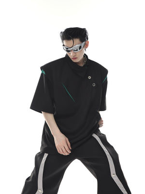 Layflat styling shot displaying the full design of this deconstructed color-block polo shirt