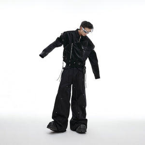 Side profile of structured croc-print jacket highlighting the glossy shoulder pads and streetwear silhouette