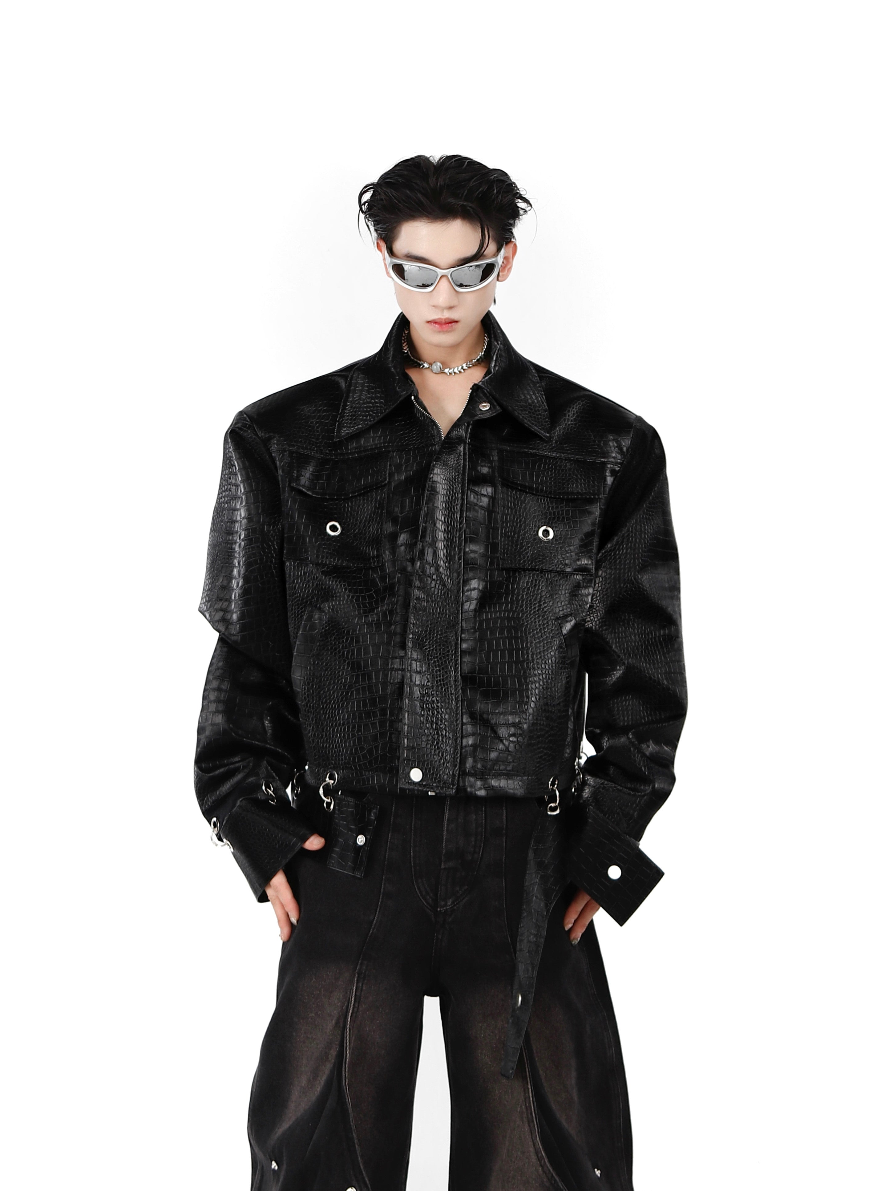 Front view of crocodile-textured PU leather biker jacket with padded shoulders and glossy finish