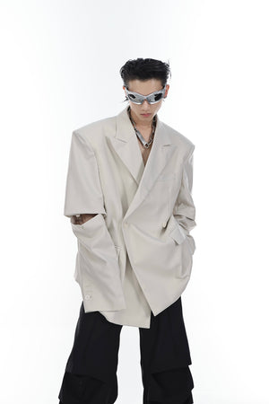 Summer thin deconstructed blazer with removable sleeves shown in minimalist urban style