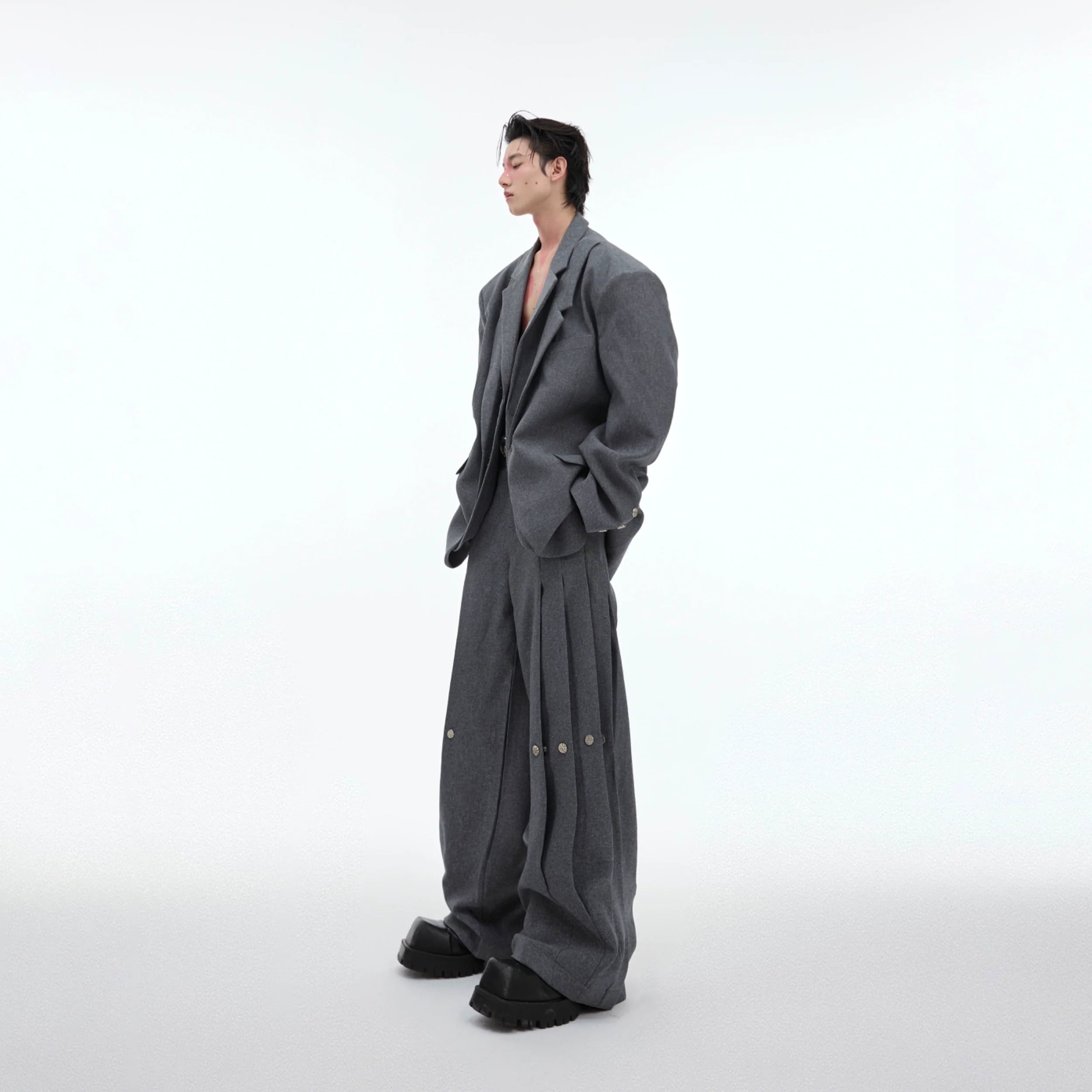 Deconstructed shoulder blazer set with layered collar - avant-garde streetwear suit with premium fabric blend