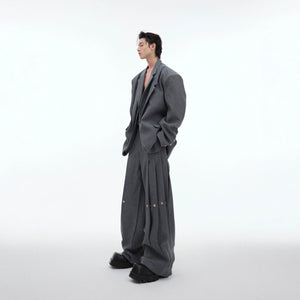 Deconstructed shoulder blazer set with layered collar - avant-garde streetwear suit with premium fabric blend