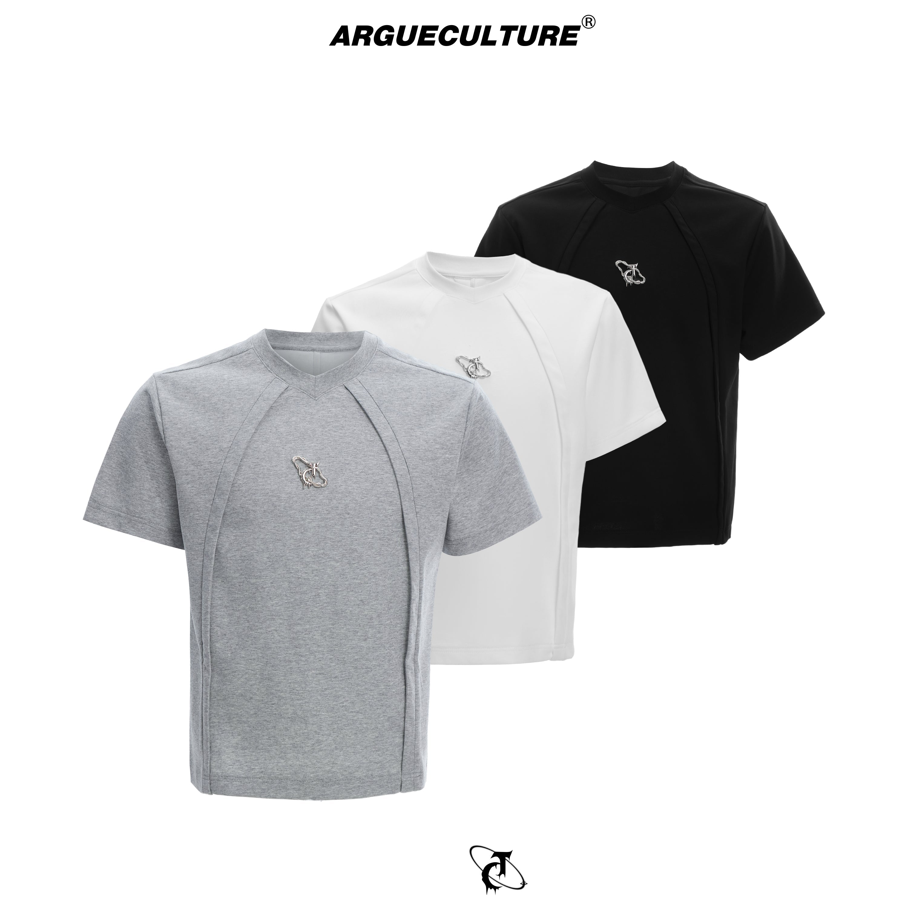 Front view of deconstructed box-fit t-shirt with raw edge sleeves and 3D segmented metal logo detailing