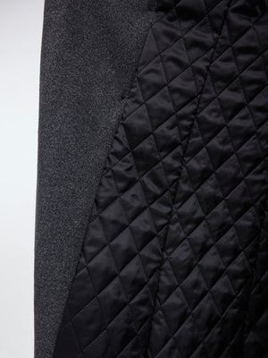 Close-up of premium polyester-wool blend fabric texture on avant-garde long coat