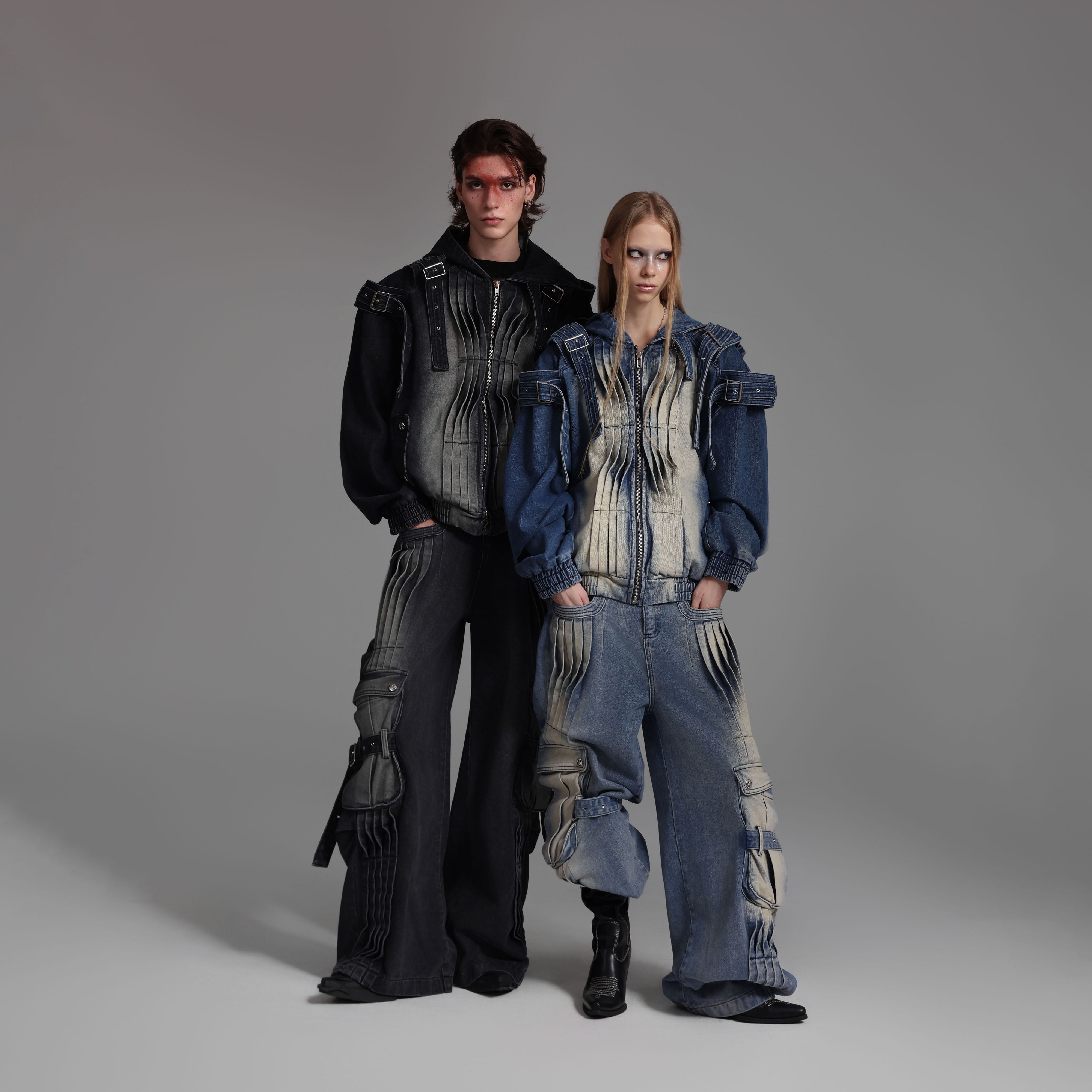 Deconstructed distressed denim jacket with oversized pockets, featuring detachable shoulder pads for a punk edge streetwear look