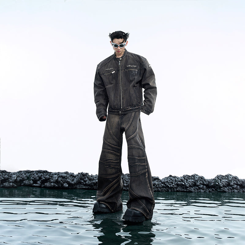 Back view of deconstructed denim jacket showing artisanal distressing and heavy-wash details for urban streetwear