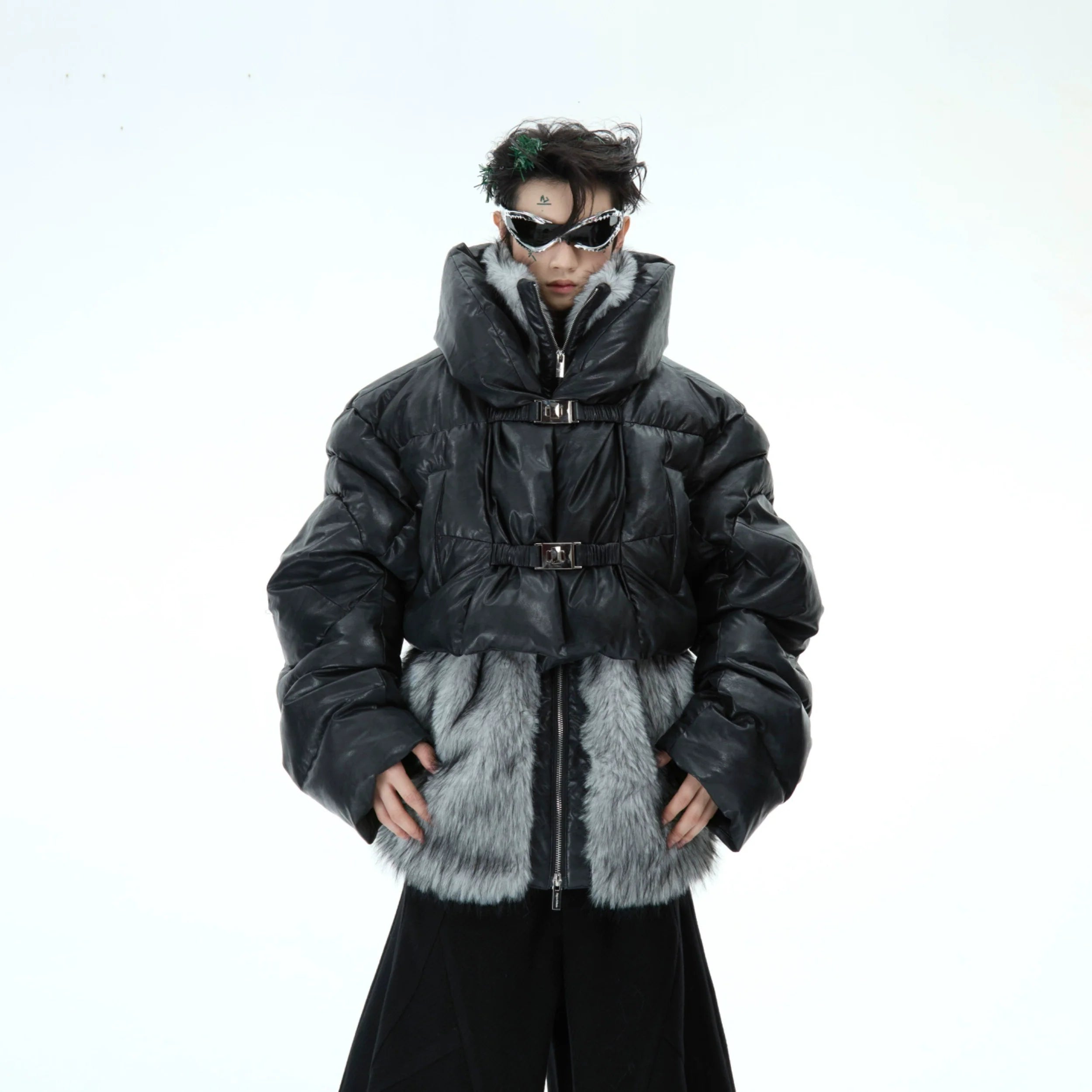 Deconstructed faux fur puffer jacket for men with unique two-piece streetwear design and mountain eagle fur trim