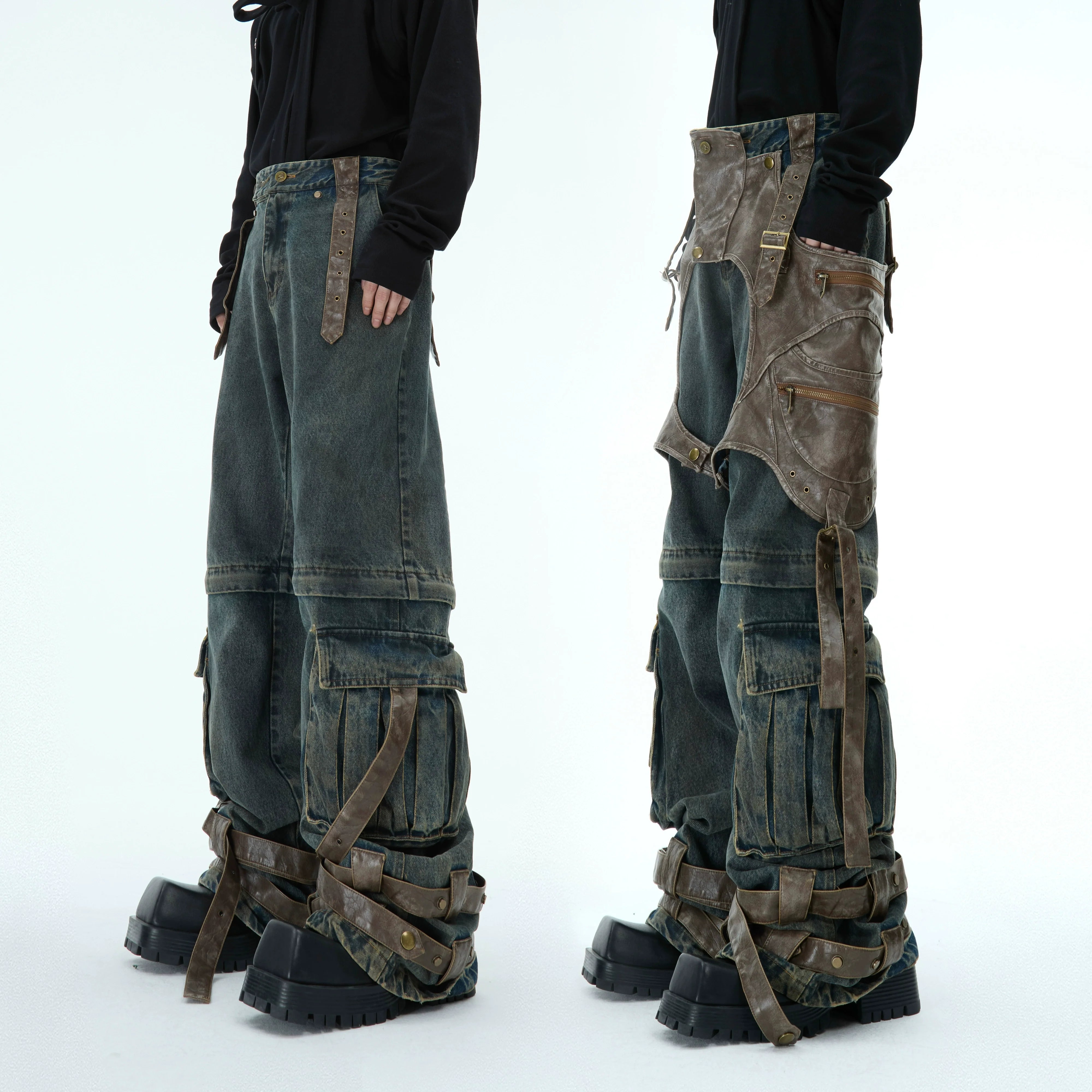 Front view of deconstructed vintage jeans with detachable patchwork design and distressed details