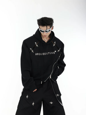 Front view of asymmetrical zip-up hoodie featuring bold metal grommets and diagonal split design for urban streetwear