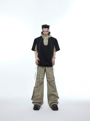 Streetwear deconstructed hoodie and tee set with cargo pants, featuring oversized silhouette and color-block design