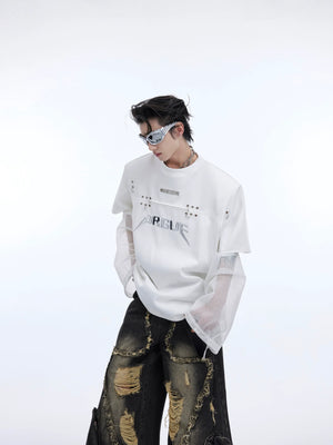 Front view of deconstructed short sleeve tee with mesh detailing and metal logo, showcasing streetwear aesthetic