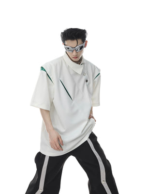 Front view of deconstructed polo shirt featuring asymmetrical collar and metal buttons, modern streetwear style