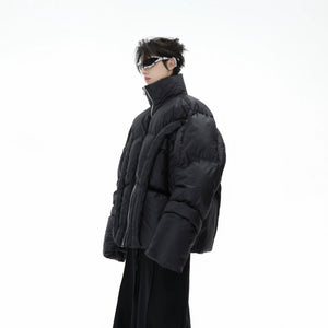 Deconstructed puffer jacket with oversized streetwear design and signature hardware logo detailing for men