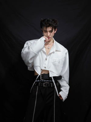 Oversized deconstructed short satin shirt with trendy drop shoulder design, perfect for streetwear outfits