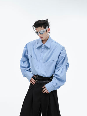 Deconstructed oversized shirt with unique layered collar design, perfect for streetwear fashion enthusiasts