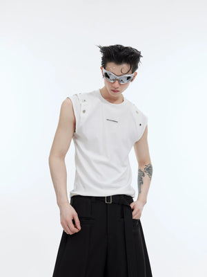 Front view of deconstructed sleeveless tee with unique split sleeves and metal button details - avant-garde streetwear fashion
