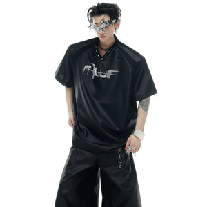 Deconstructed pearl-trim V-neck streetwear tee with oversized fit and urban edge details