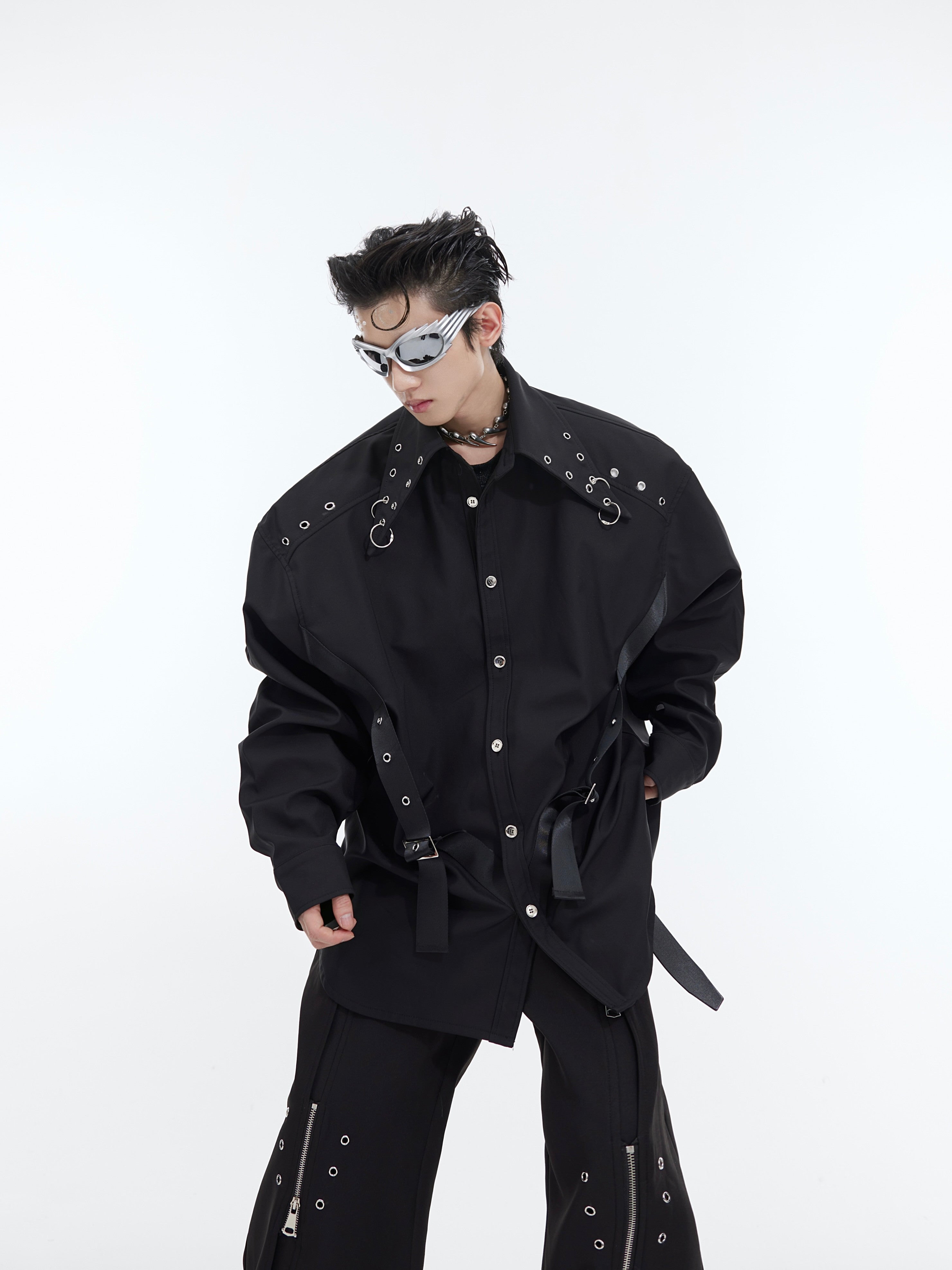 Deconstructed white shirt with metal details and shoulder pads, showcasing irregular patchwork streetwear design