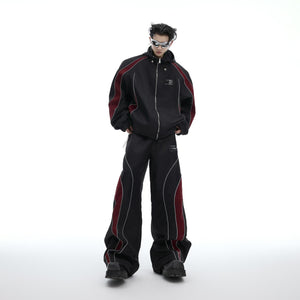 Detailed shot of the deconstructed elements and mixed-material innovation in this fashion-forward jacket