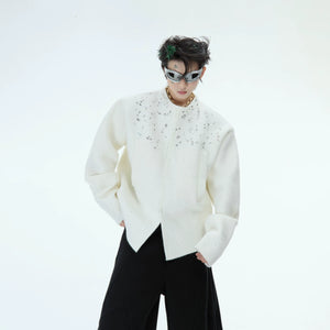 Loose fit diamond wool sweater jacket with sparkling hand-applied embellishments, perfect for winter streetwear