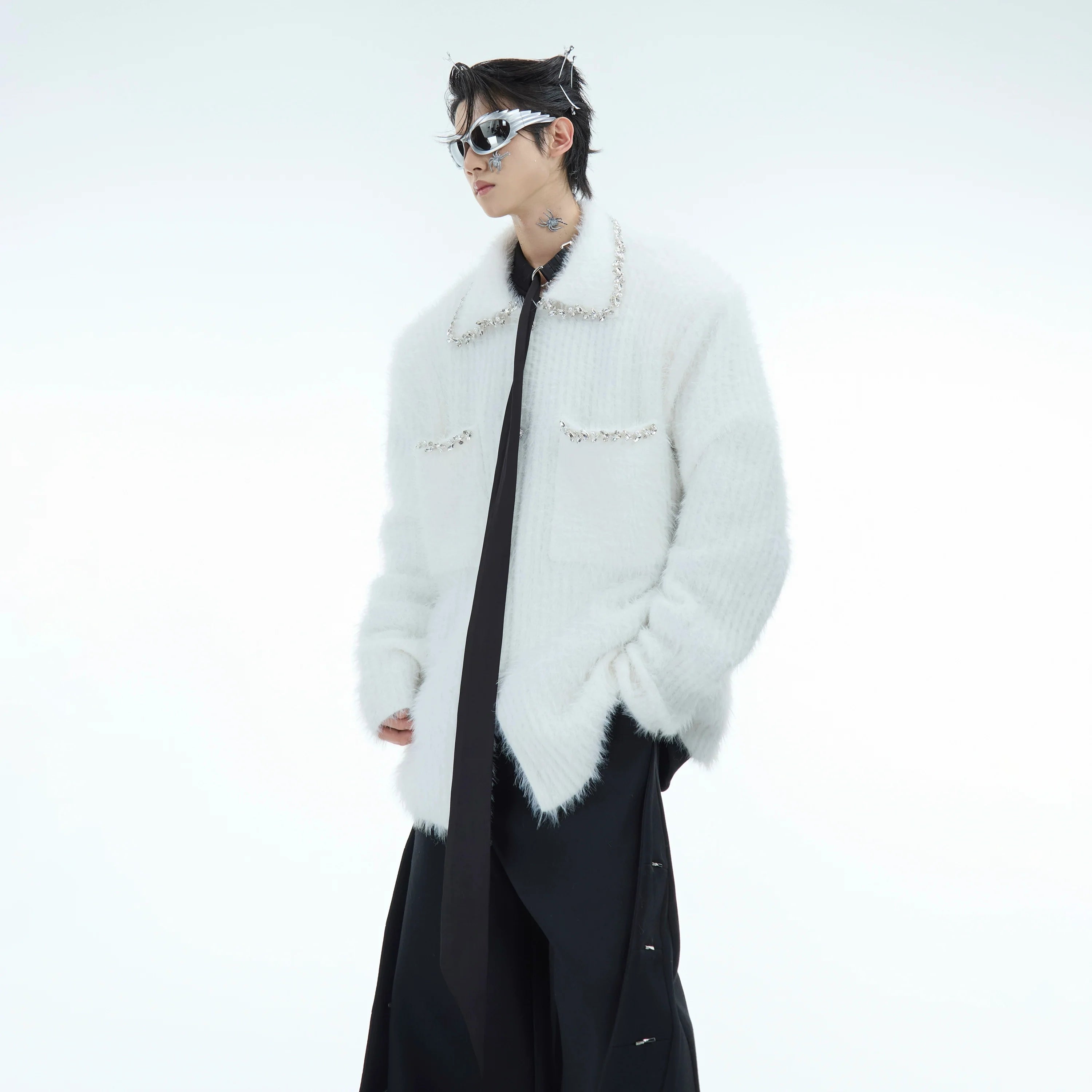 Oversized mens cardigan with diamond trim and faux fur patchwork details, modeled front view