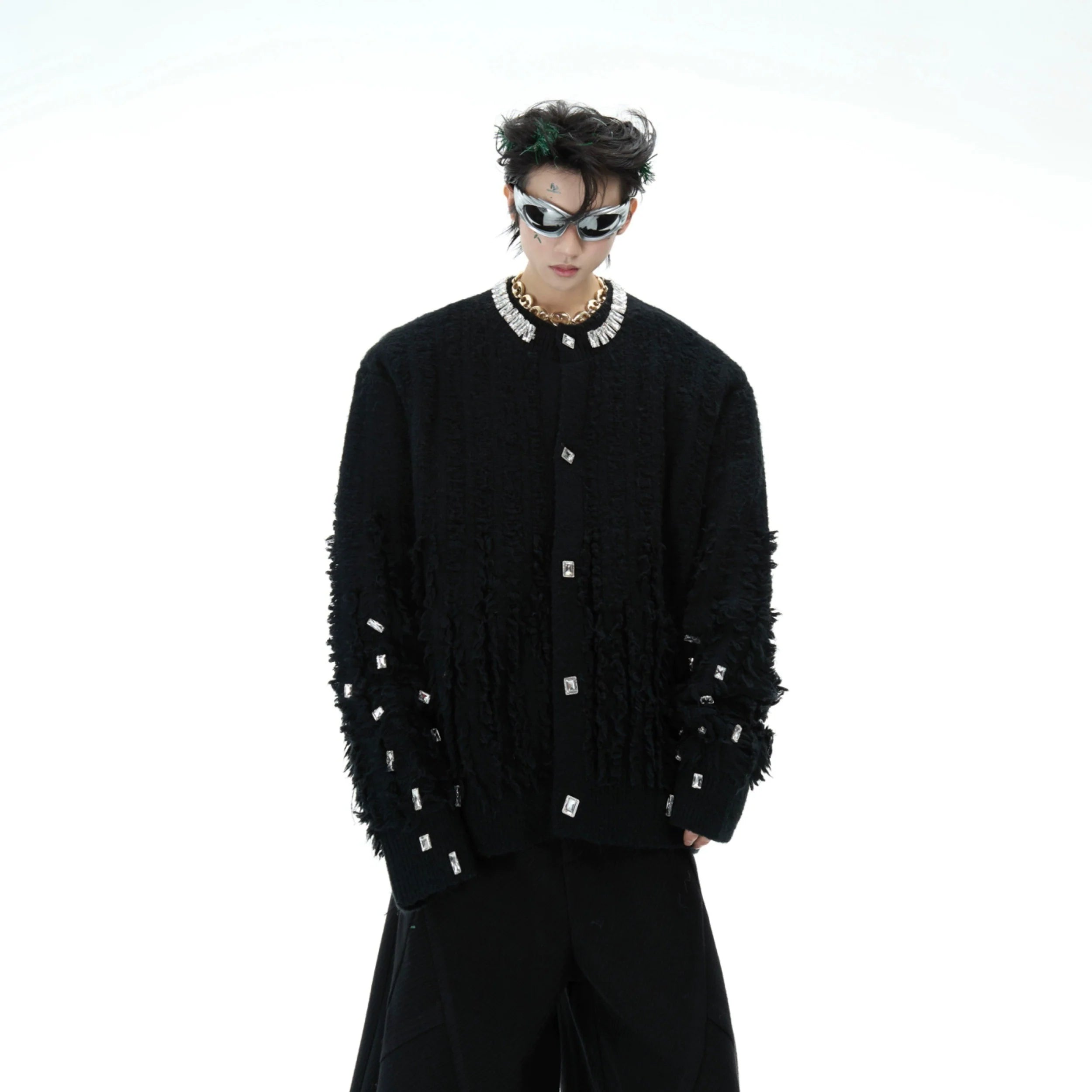 Diamond-trimmed oversized knit sweater with asymmetrical distressed detailing for urban winter streetwear