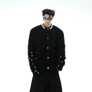 Diamond-trimmed oversized knit sweater with asymmetrical distressed detailing for urban winter streetwear