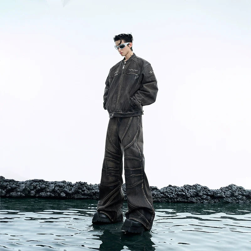 Distressed denim jacket with oversized cropped fit, featuring unique heavy-wash texture and vintage cowboy styling