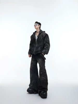 Deconstructed distressed denim set featuring bold metal accents and ripped detailing, urban streetwear style