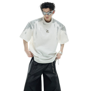 Distressed gold sequin oversized t-shirt with metallic neckline, perfect for streetwear summer outfits