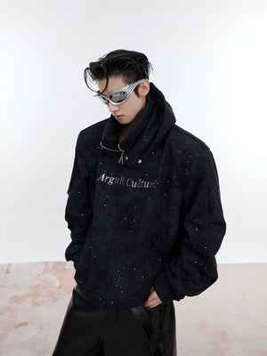 Oversized distressed hoodie with glitter-trim collar, featuring metallic accents and urban streetwear style