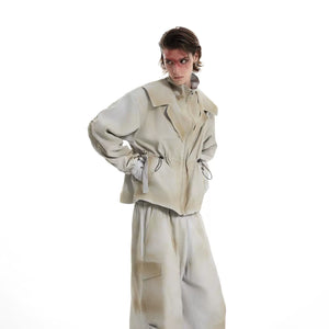 Distressed ink-wash fake two-piece jacket with oversized fit and adjustable ruching details, urban utility wear