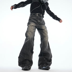 Front view of distressed gray slub jeans showing unique deconstructed details and vintage wash effect