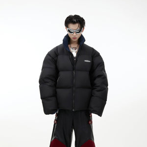 Double-sided padded jacket with genuine leather accents, displaying the versatile 90s retro winter fashion