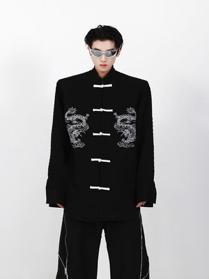 Front view of Chinese-style embroidered dragon shirt with mandarin collar, showcasing premium cotton fabric and avant-garde streetwear design