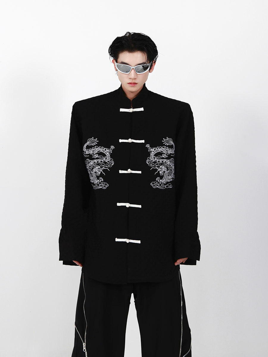 Front view of Chinese-style embroidered dragon shirt with mandarin collar, showcasing premium cotton fabric and avant-garde streetwear design
