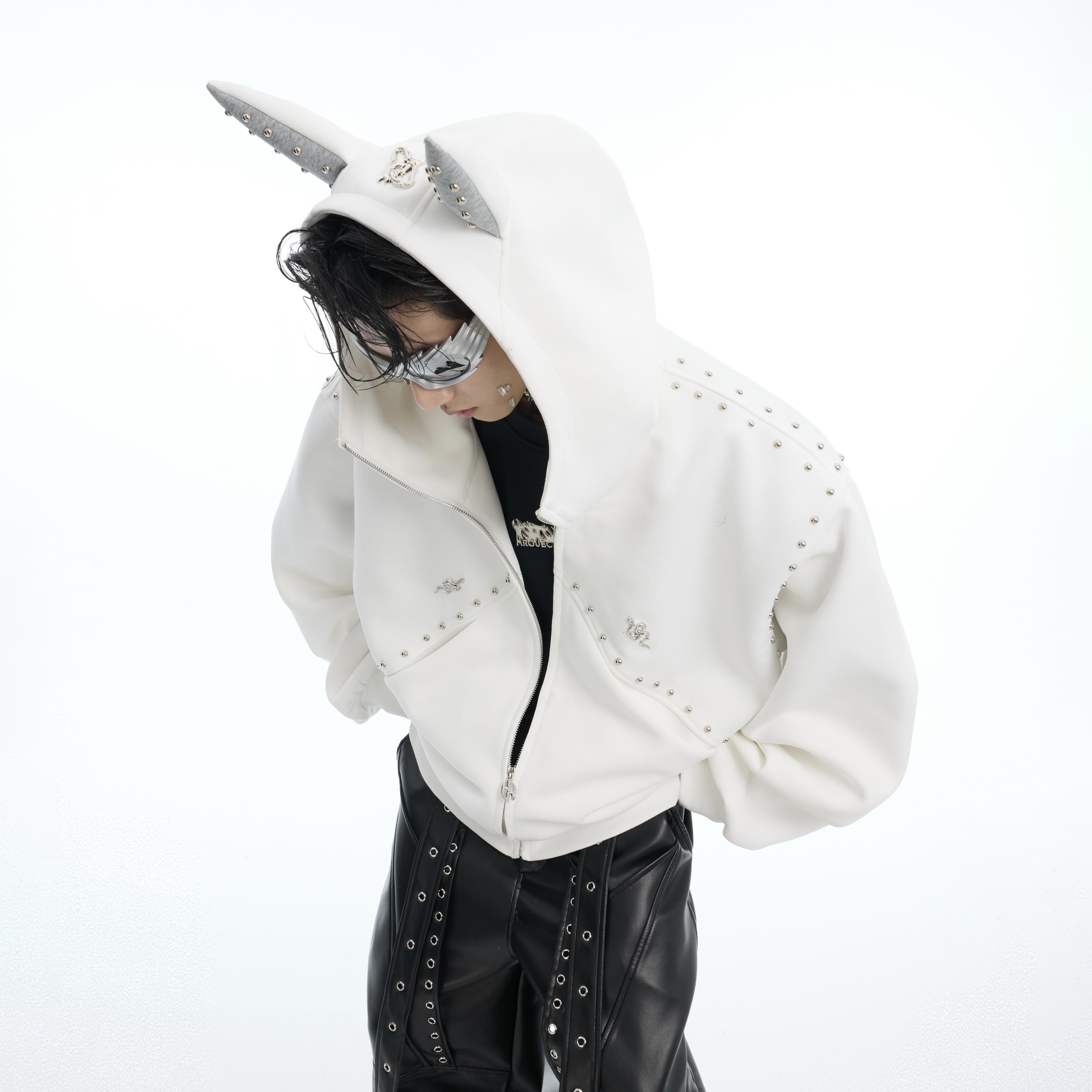 Side profile of spring cardigan hoodie featuring unique studded collar and premium cotton-polyester blend