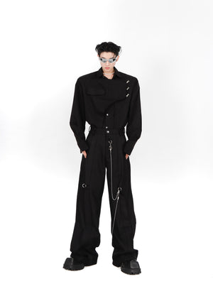 Front view of this cutting-edge streetwear shirt with bold asymmetric hemline and layered look