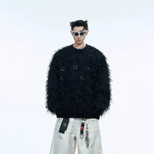 Textured fleece drop shoulder hoodie with stylish metal rings, perfect for urban streetwear looks