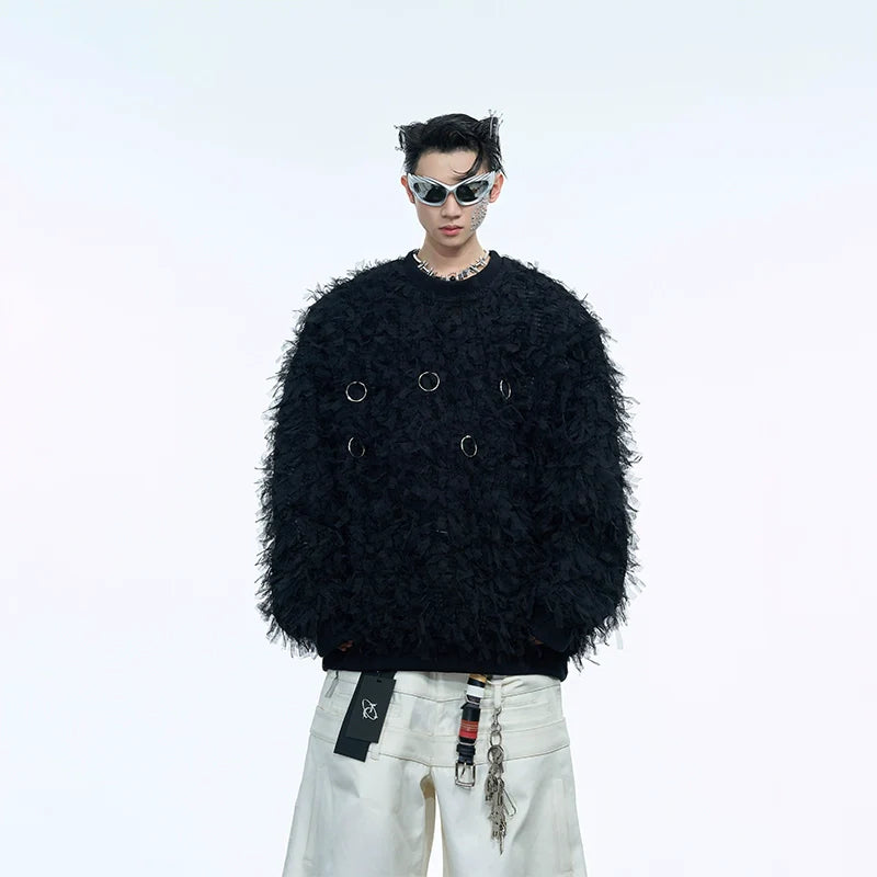 Textured fleece drop shoulder hoodie with stylish metal rings, perfect for urban streetwear looks