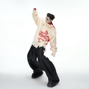 Artistic fluffy knitwear sweater with pearl trim and contemporary slit design