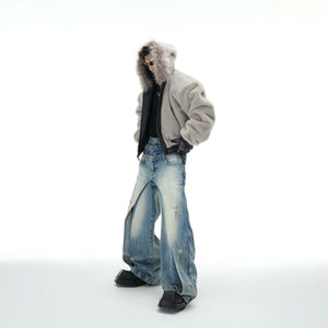 Front view of the reversible jacket highlighting the plush fur collar and double-sided wearing option