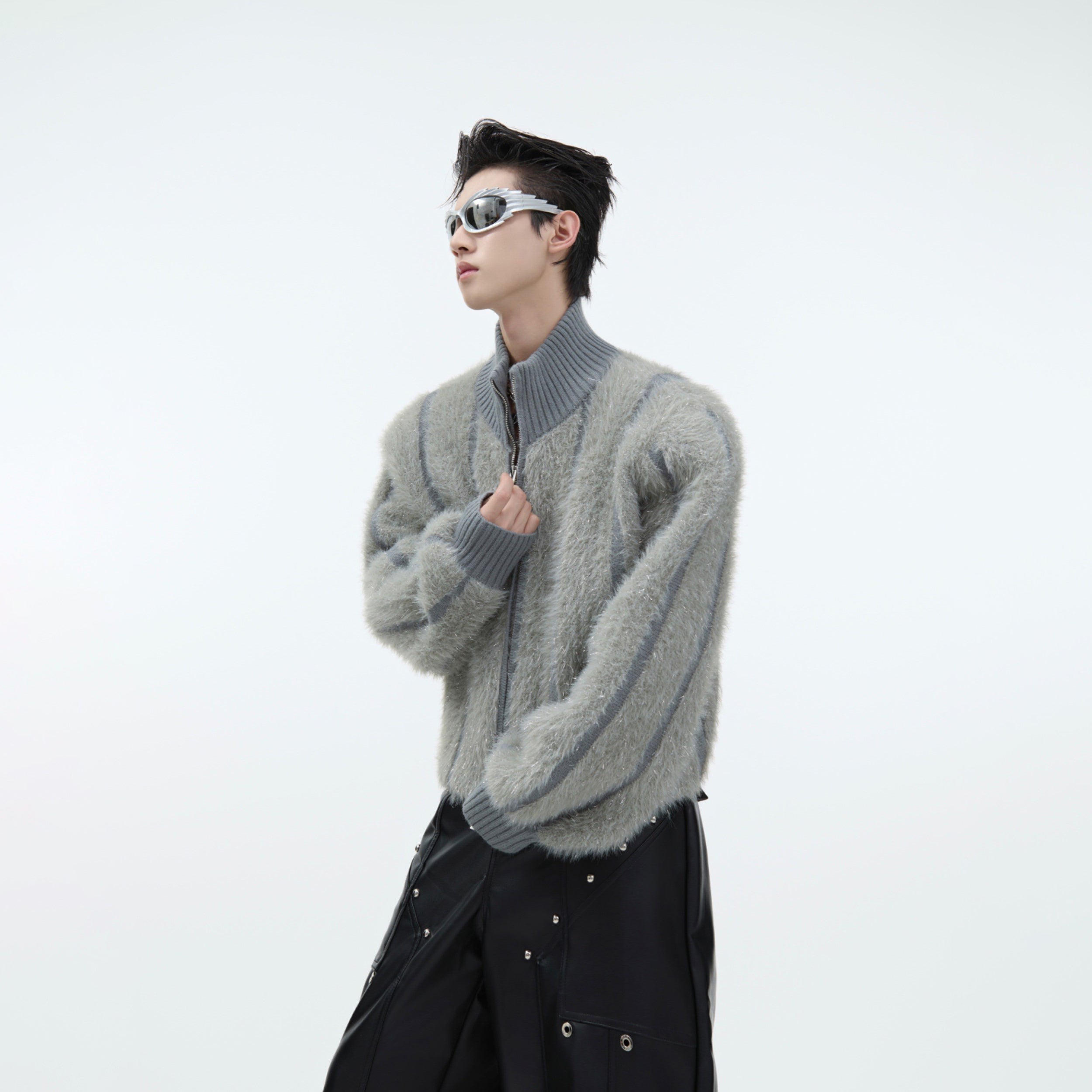 Front view of cropped glitter knit sweater with faux fur turtleneck in silver, perfect for winter fashion